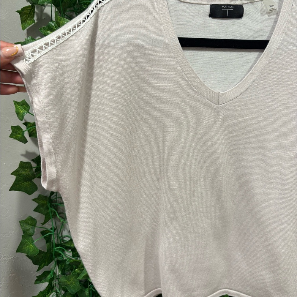 Tahari Cream V-Neck Blouse with Lace Detail